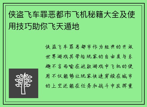 侠盗飞车罪恶都市飞机秘籍大全及使用技巧助你飞天遁地
